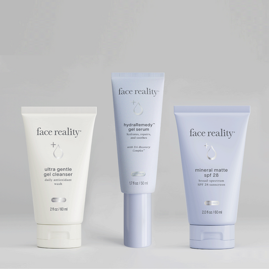 Bottles of Bundle Contents (3 products): 2 ounce Ultra gentle Cleanser, 1.7 oz Hydraremedy gel serum and mineral matte spf 28.
