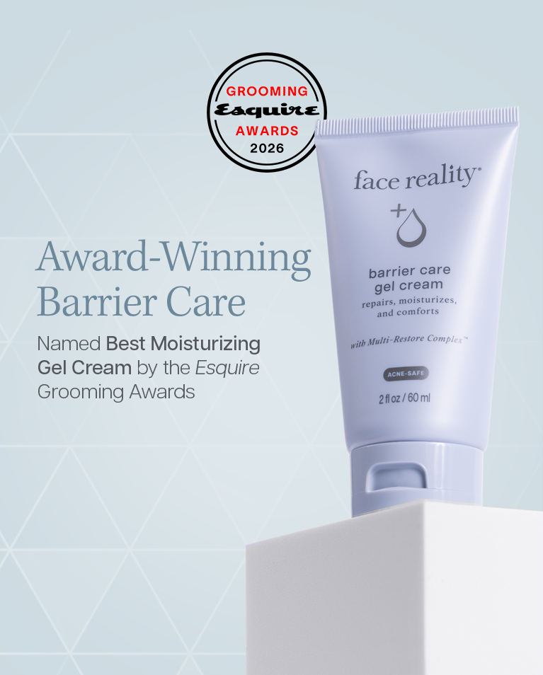 Photo of Barrier Care Gel Cream with the Esquire Grooming Awards 2026 stating "Award-Winning Barrier Care
 Named Best Moirturizing Gel Cream by the Esquire Grooming Awards"
