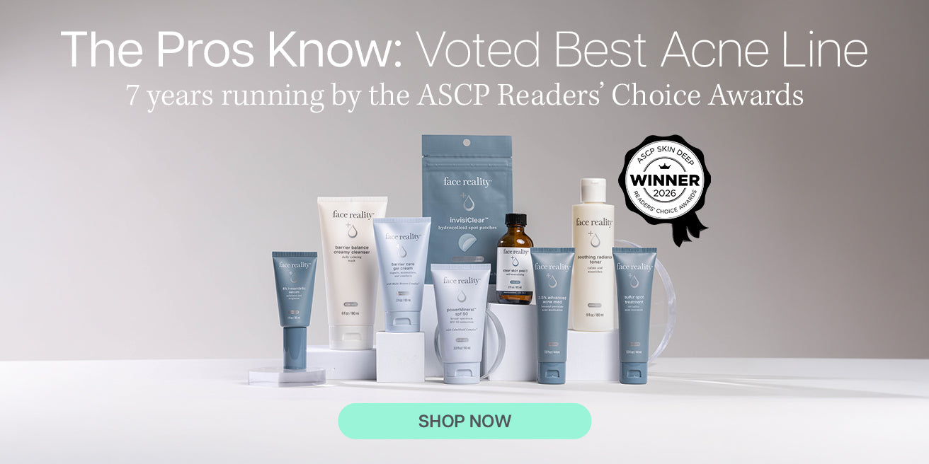 A promotional banner for the face reality skincare line, featuring multiple skincare products in blue, white, and amber bottles arranged on a white surface against a light gray background. Large text at the top reads 'The Pros Know: Voted Best Acne Line' and '7 years running by the ASCP Readers' Choice Awards,' with a black-and-white 'Voted Winner' seal and a mint 'SHOP NOW' button at the bottom.