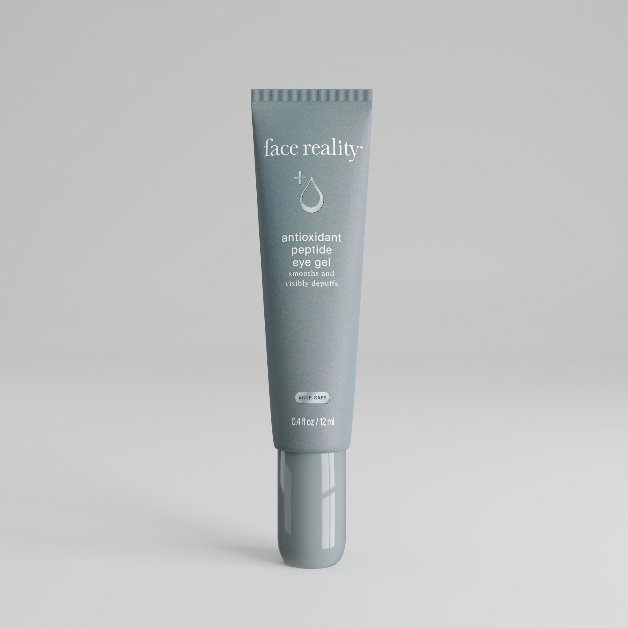 Grey 0 point 4 ounce bottle of Face Reality antioxidant peptide eye gel product with acne-safe stamp on bottle standing alone on a light grey background.