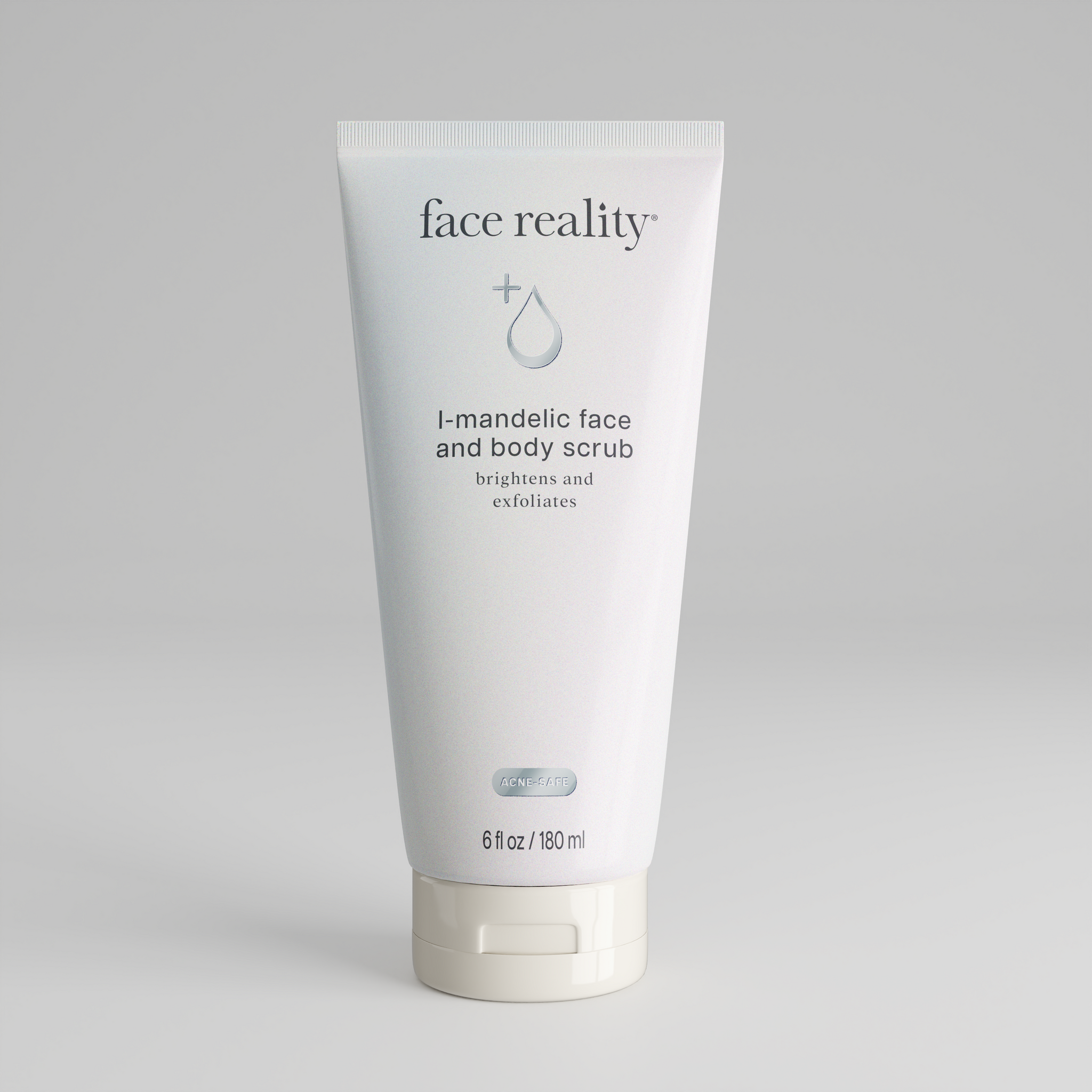 White six ounce bottle of Face Reality l-mandelic face and body scrub product with acne-safe stamp standing alone on a light grey background.