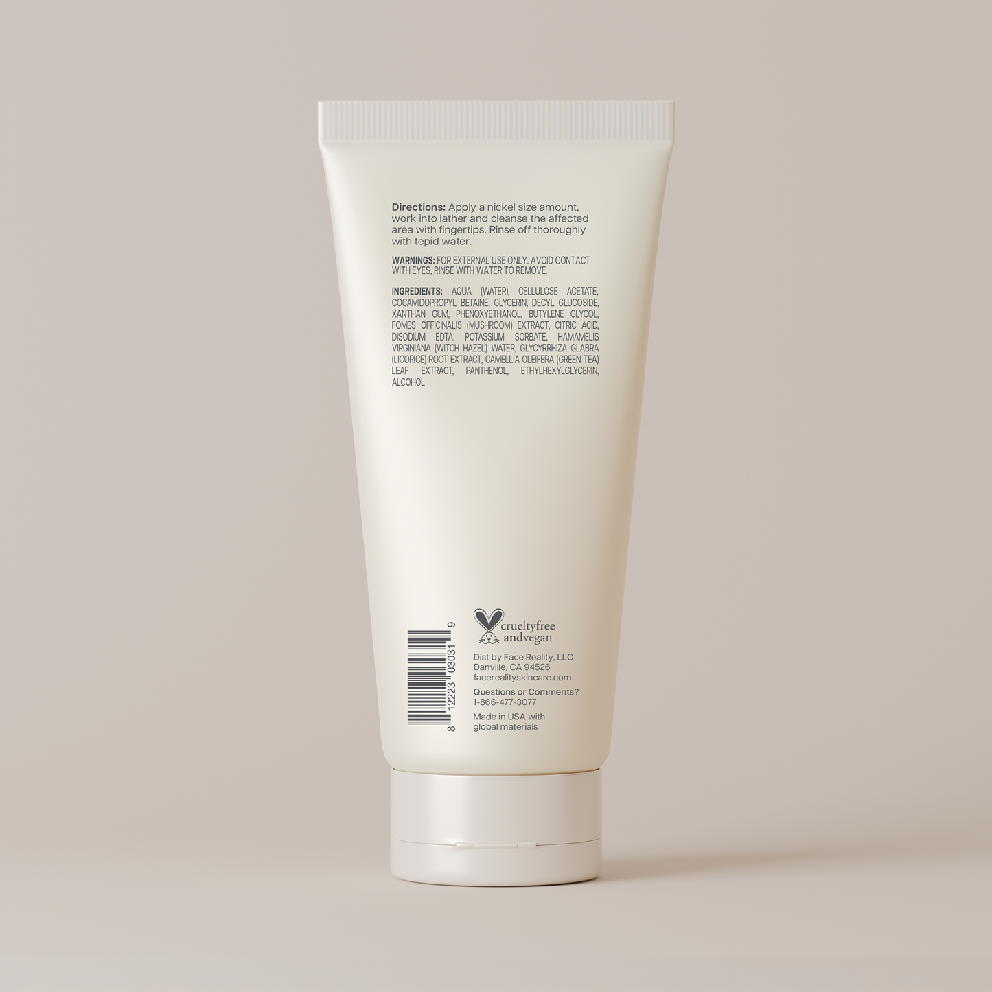 White tube with text and a barcode on a light gray background