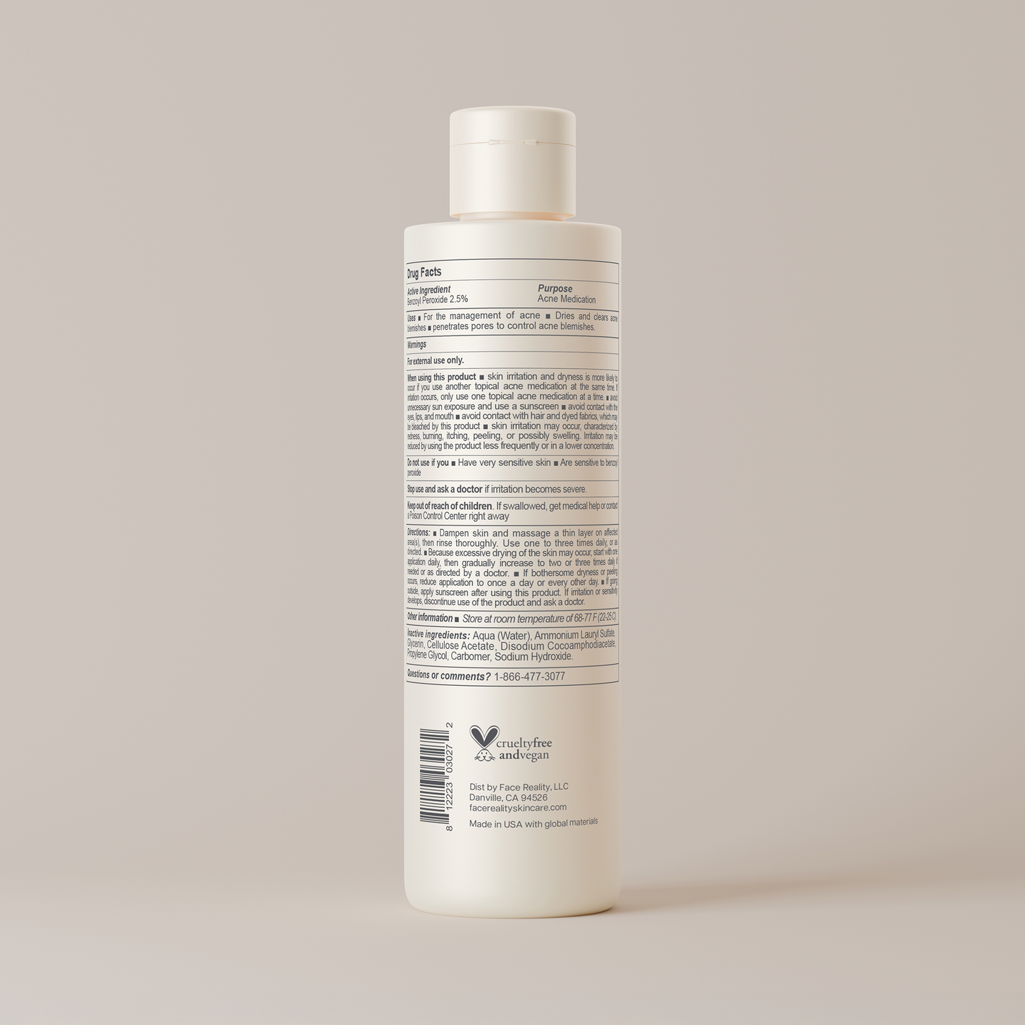 White bottle with label on a beige background
