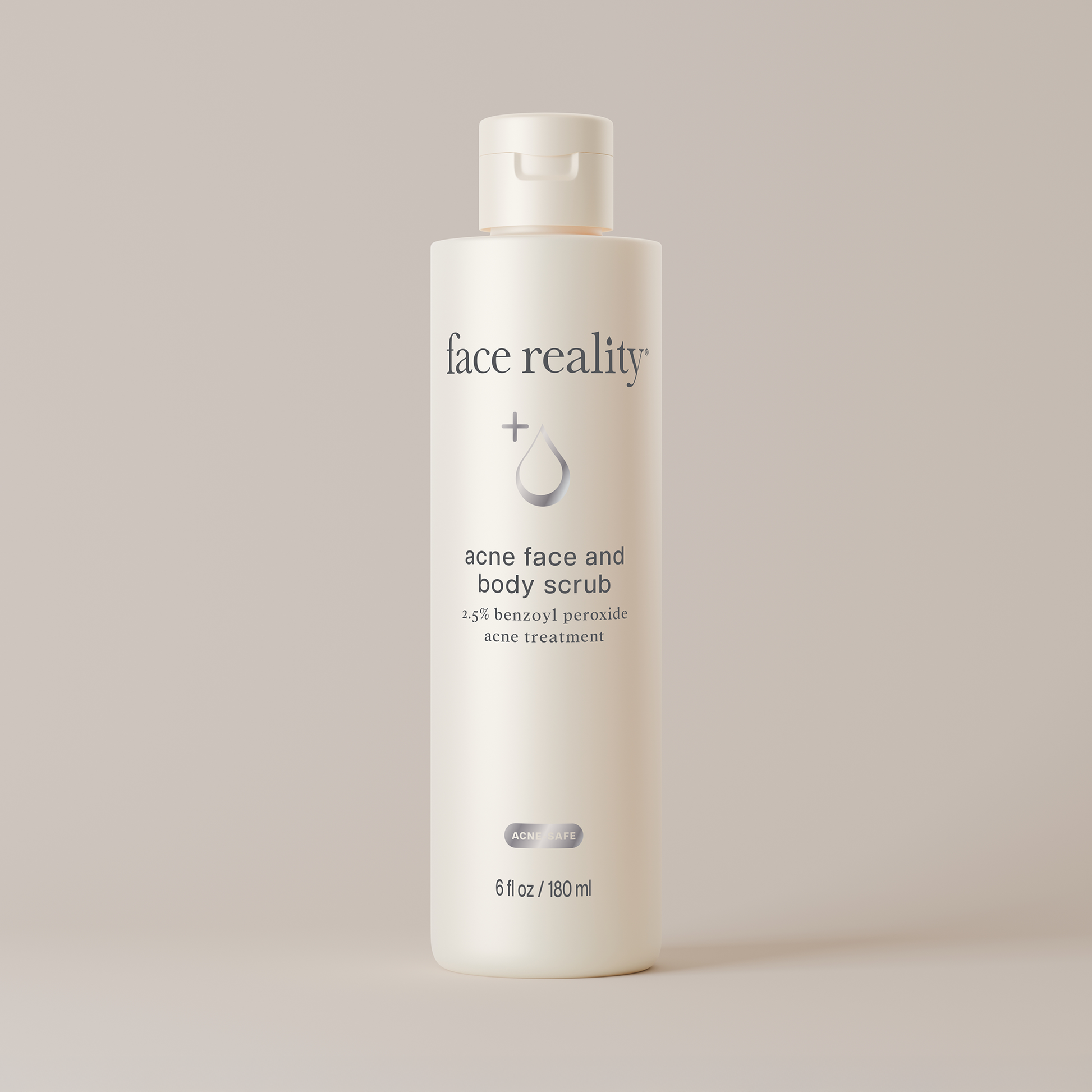 White bottle of face reality acne face and body scrub on a light gray background