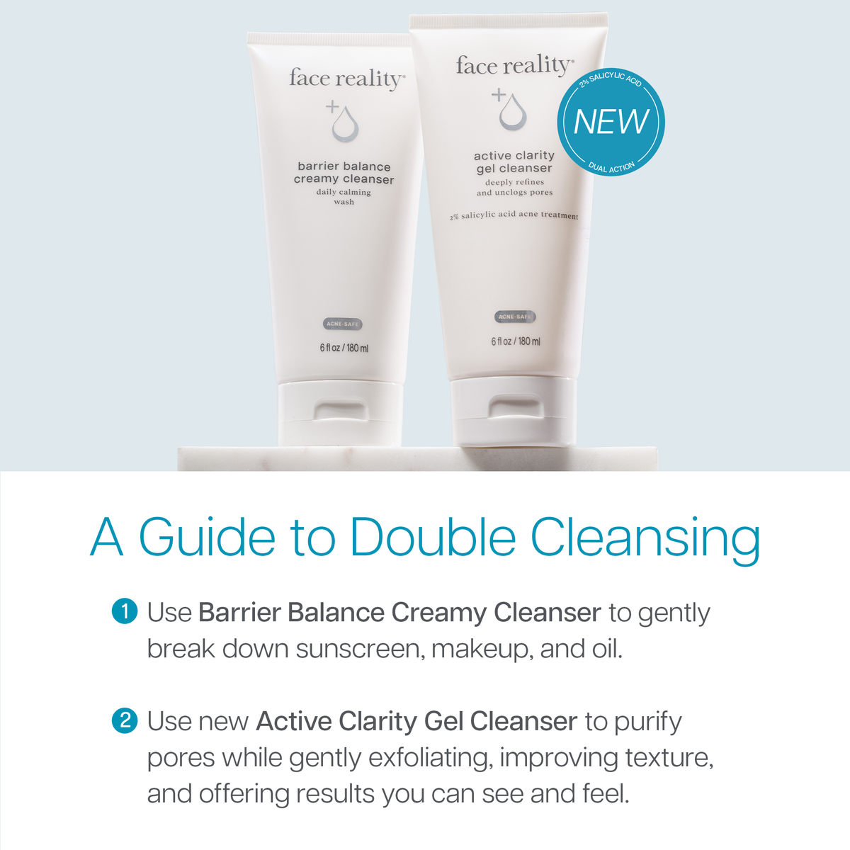 Guide to double cleansing featuring Barrier Balance Creamy Cleanser and Active Clarity Gel Cleanser. Step 1 uses Barrier Balance Creamy Cleanser to help remove sunscreen, makeup, and oil. Step 2 uses Active Clarity Gel Cleanser to help purify pores, gently exfoliate, and improve skin texture.