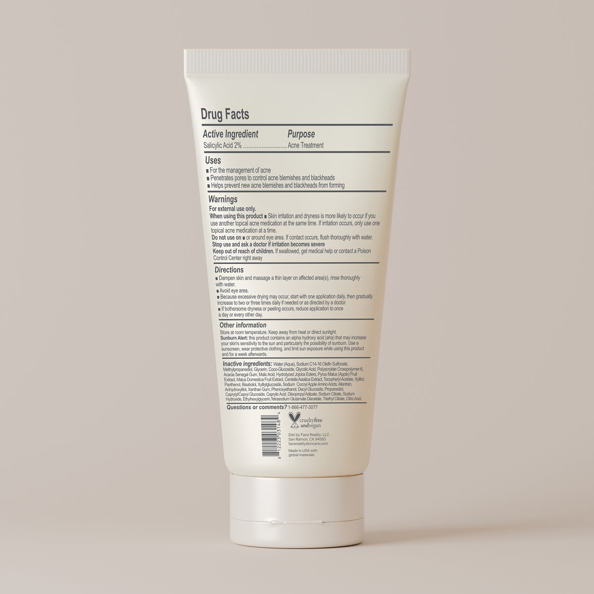 Back label of active clarity gel cleanser tube against a light beige background 