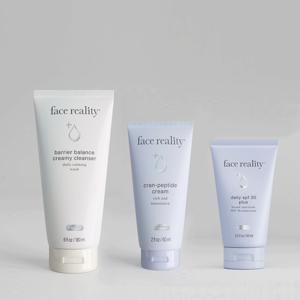 Bottles of Skincare for Acne prone skin Contents (3 products): 6 oz barrier balance creamy cleanser, 2 oz cran-peptide cream moisturizer, 2 oz daily spf 30 plus. 