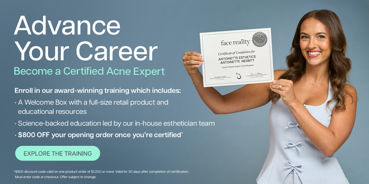 Person holding an Acne Expert Certification certificate beside promotional text inviting professionals to become a certified acne expert, featuring training benefits and an $800 opening-order discount.
