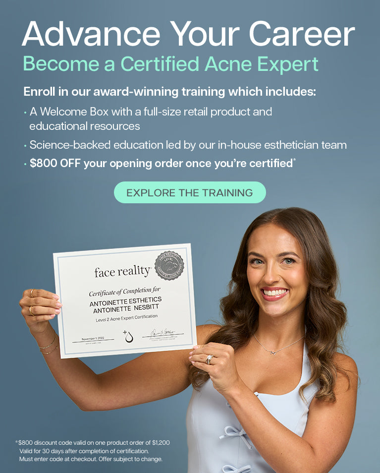 Person holding an Acne Expert Certification certificate beside promotional text inviting professionals to become a certified acne expert, featuring training benefits and an $800 opening-order discount.